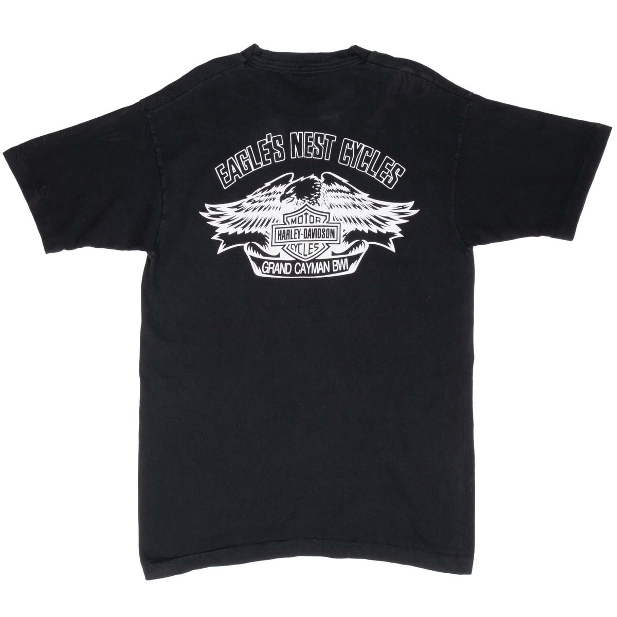 Back of black Harley-Davidson T-shirt with Eagle's Nest Cycles Grand Cayman eagle graphic
