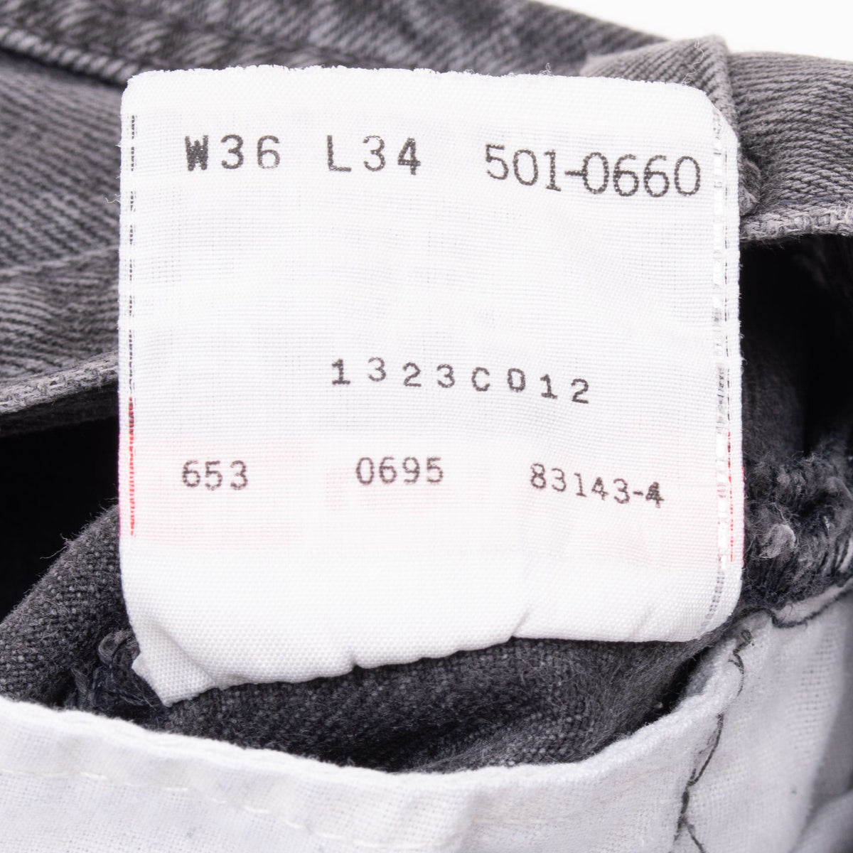 Levi's 501-0660 size tag marked W36 L34 with factory code 653