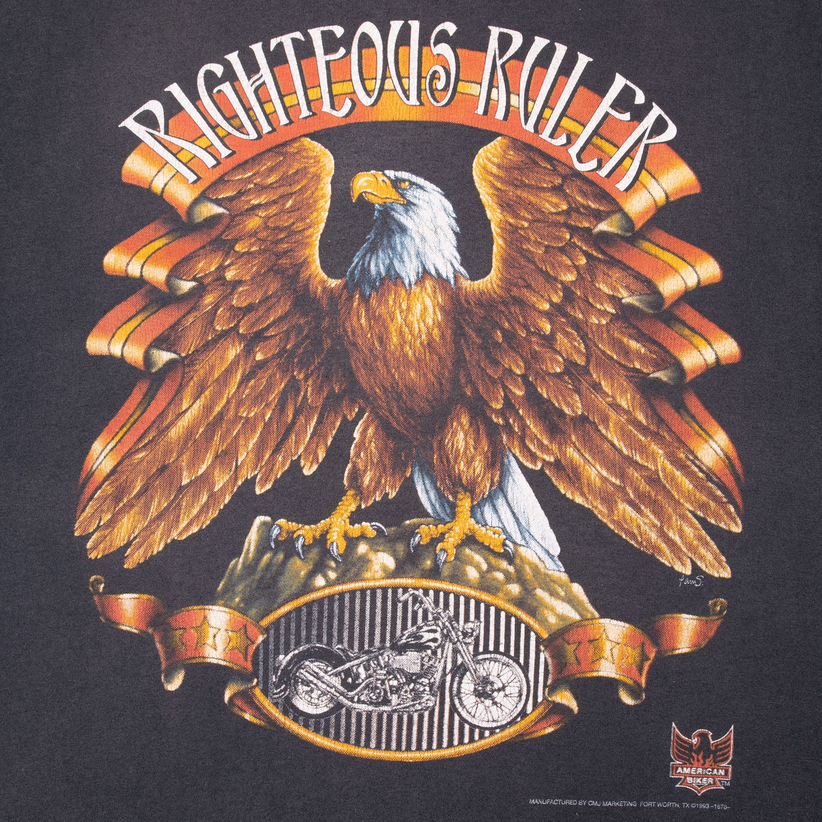 Righteous Ruler graphic detail with bald eagle, ribbons, and motorcycle