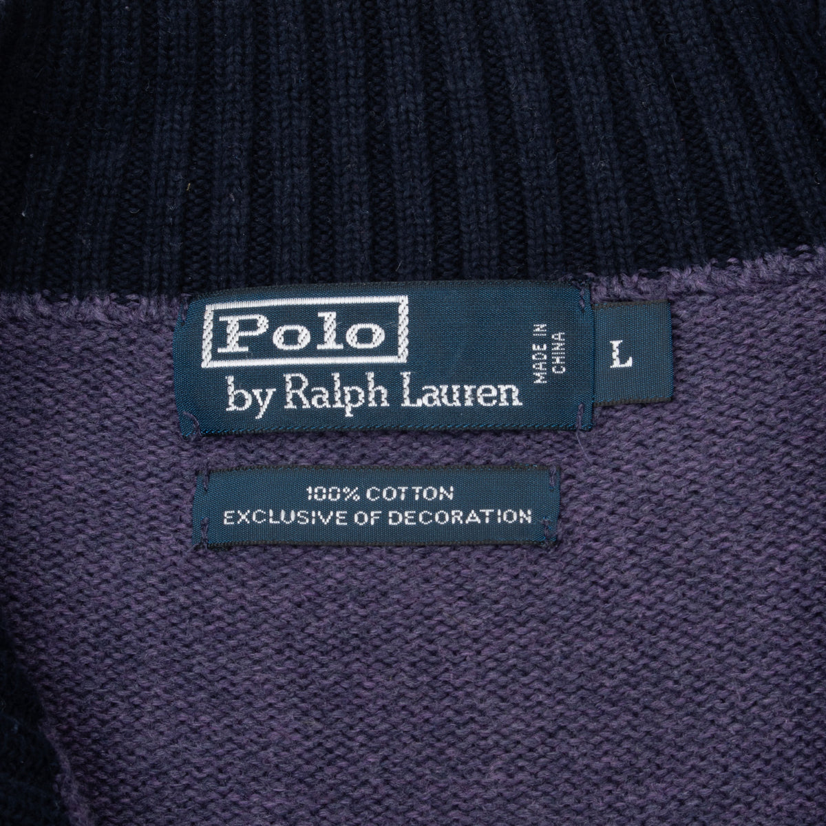 Polo by Ralph Lauren neck and size L labels inside purple knit sweater