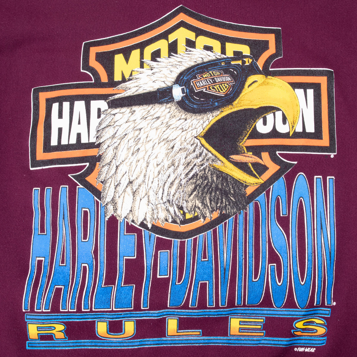 Close-up of Harley-Davidson eagle, shield logo and Rules front graphic