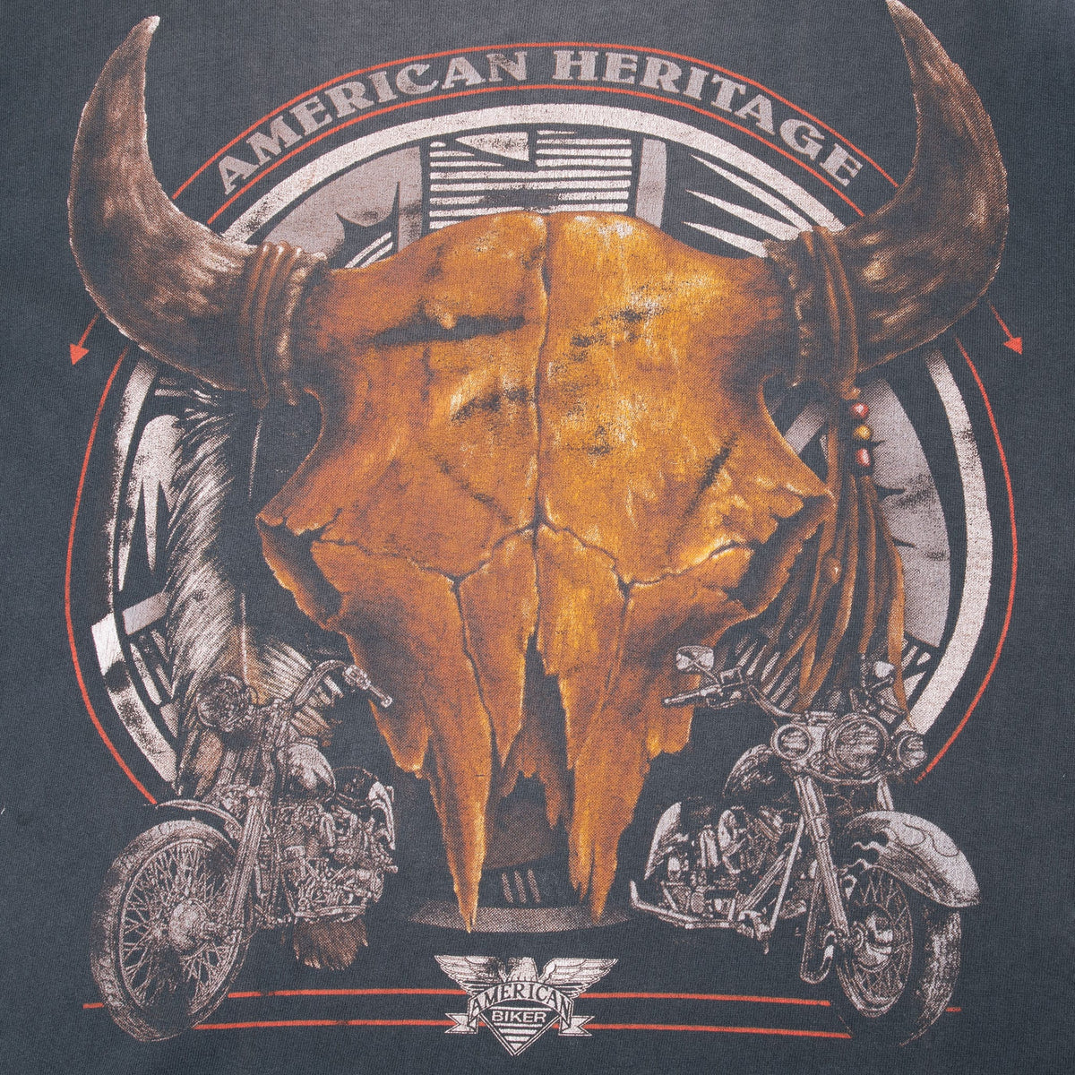 Close-up of American Heritage bull skull and motorcycle front print