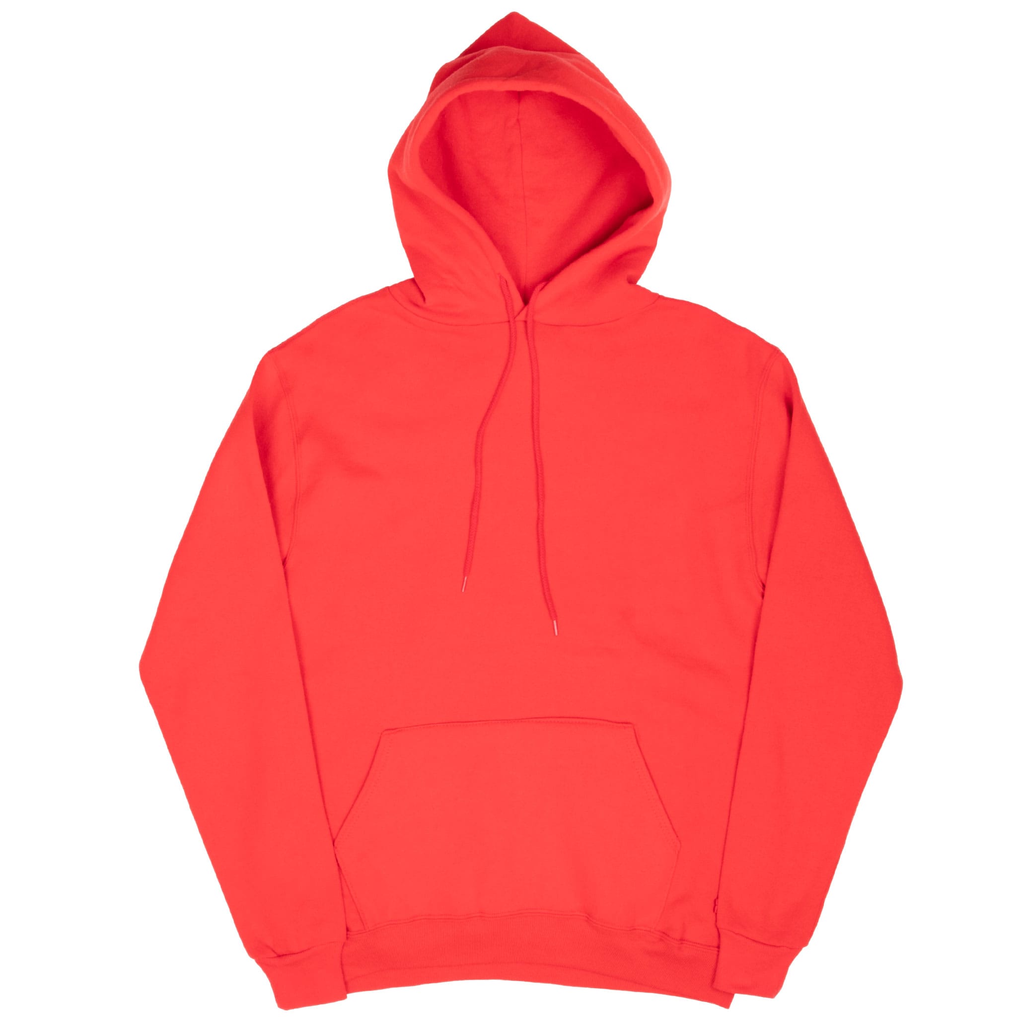 Full front view of red Russell Athletic blank hoodie with ribbed cuffs and hem
