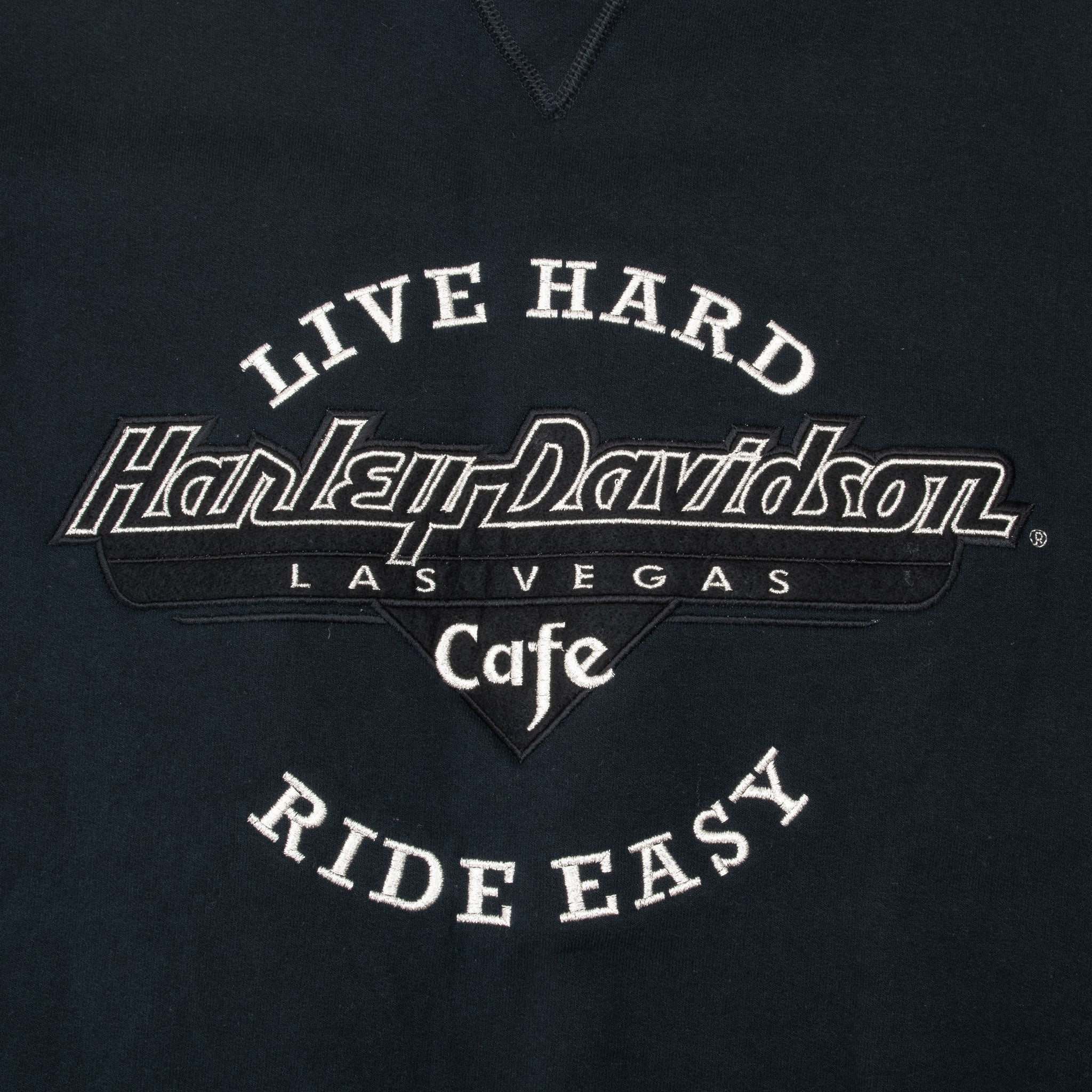 Close-up of Live Hard Harley-Davidson Las Vegas Cafe Ride Easy chest embroidery