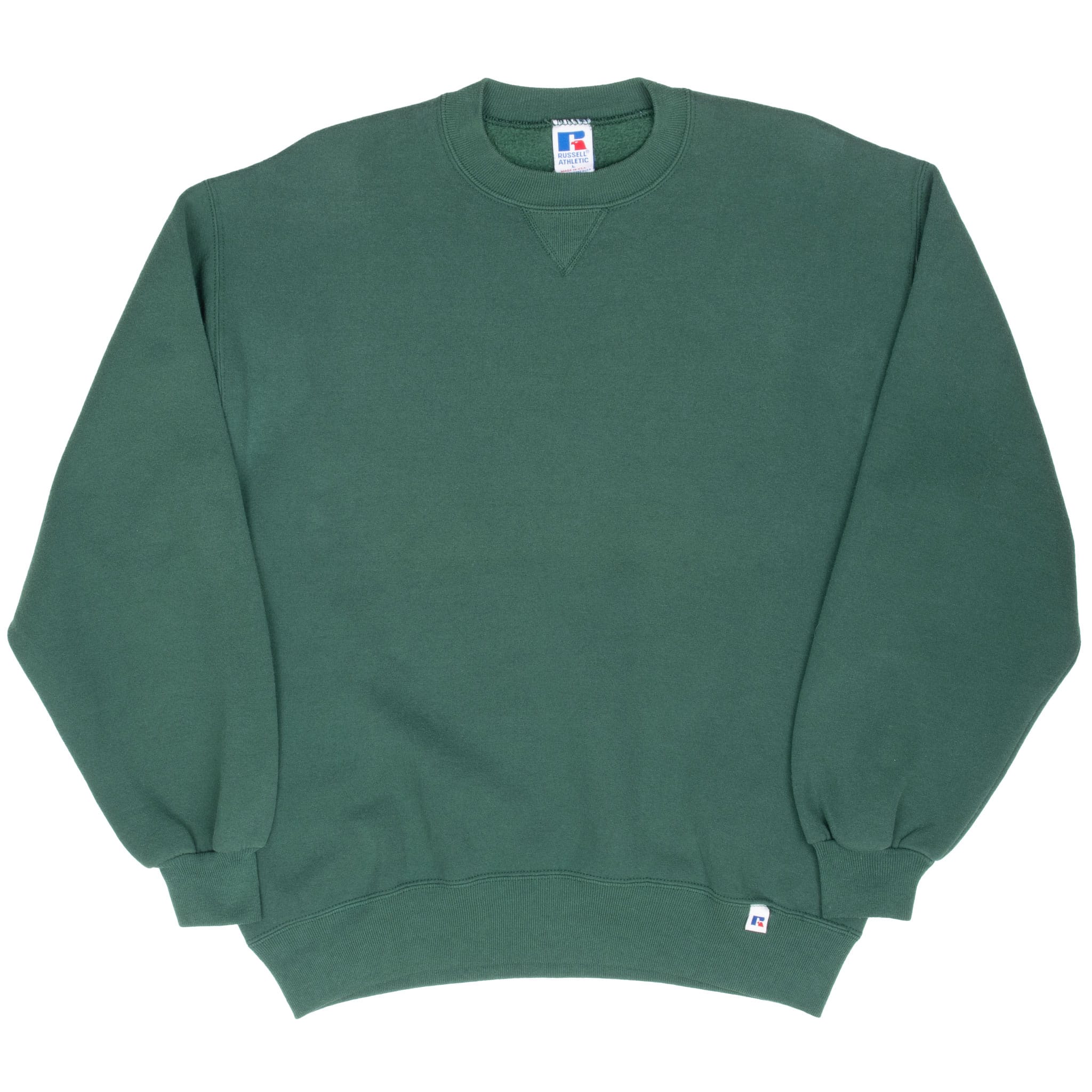 Front of blank green Russell Athletic crewneck sweatshirt with ribbed cuffs and hem
