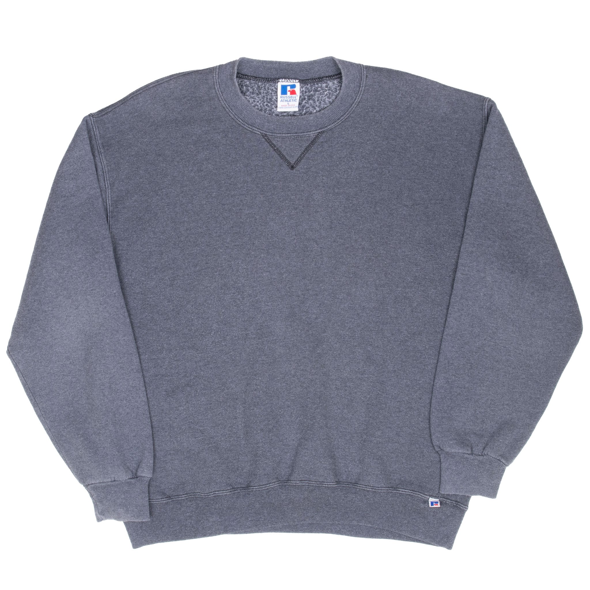Front of dark grey Russell Athletic blank crewneck sweatshirt with ribbed cuffs and hem