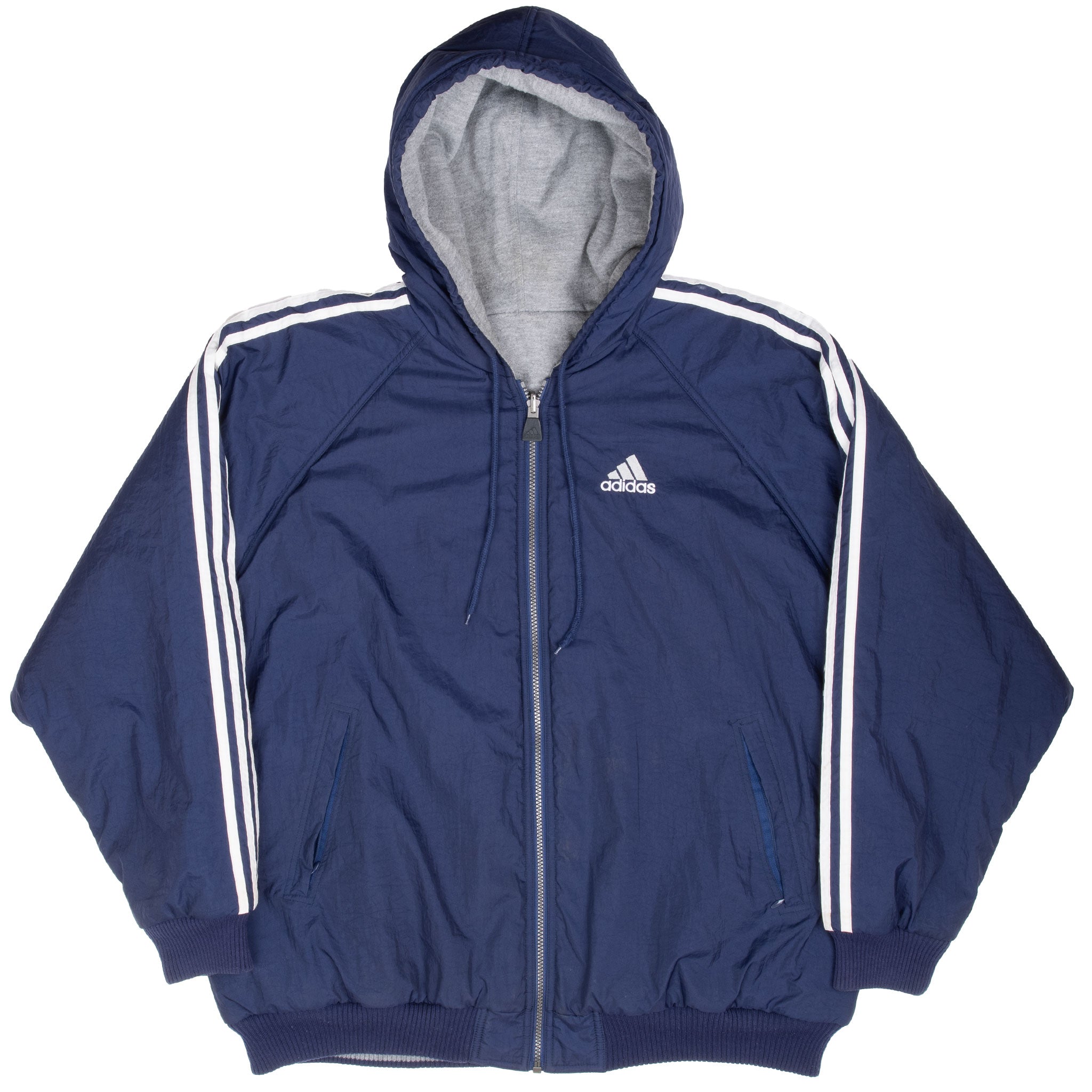 Vintage Adidas Reversible Nylon Blue Windbreaker Hooded Jacket 1990S Size XL