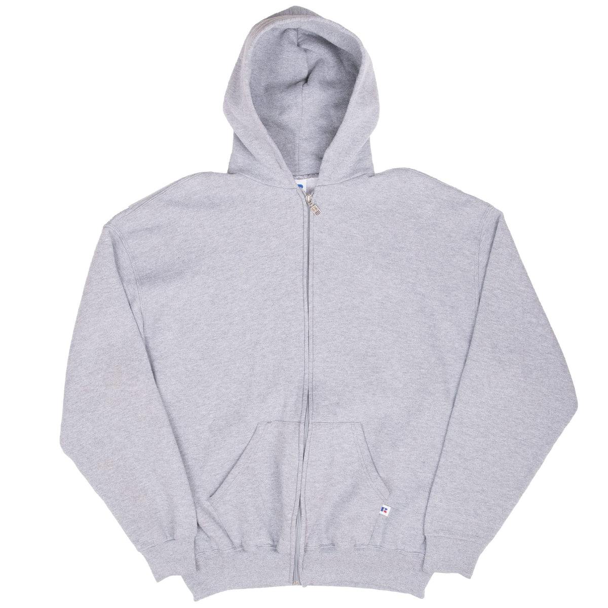 Front of grey Russell Athletic full-zip hoodie with split pouch pockets