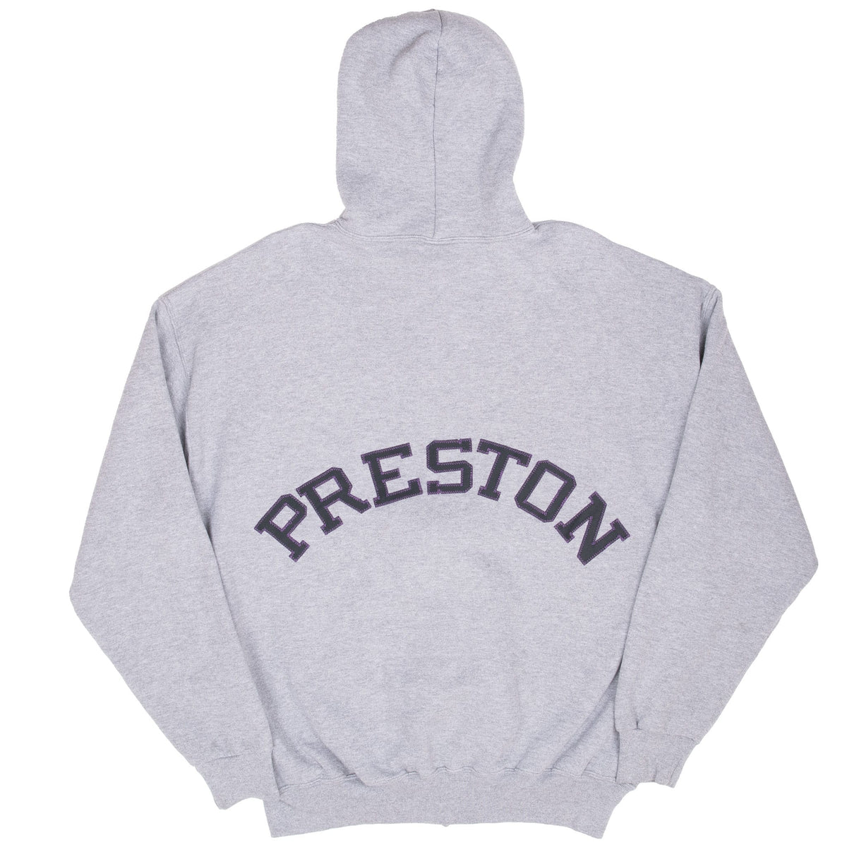 Back of grey Russell Athletic hoodie showing arched PRESTON appliqué