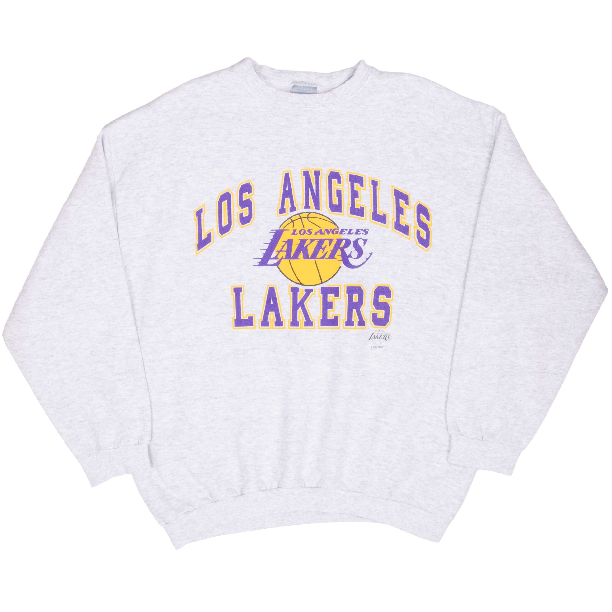 Full front view of grey Los Angeles Lakers sweatshirt with purple and gold logo print