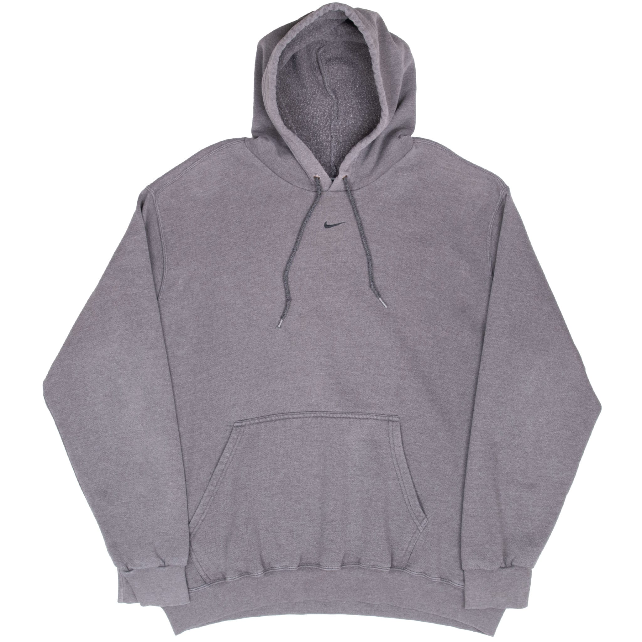 Full front view of faded grey Nike hoodie with drawstring hood, center Swoosh and pouch pocket