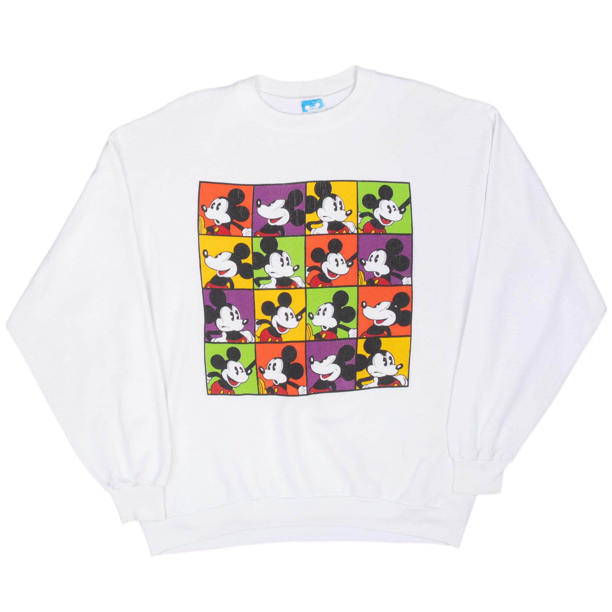 Full front view of white Disney crewneck sweatshirt with Mickey Mouse grid print