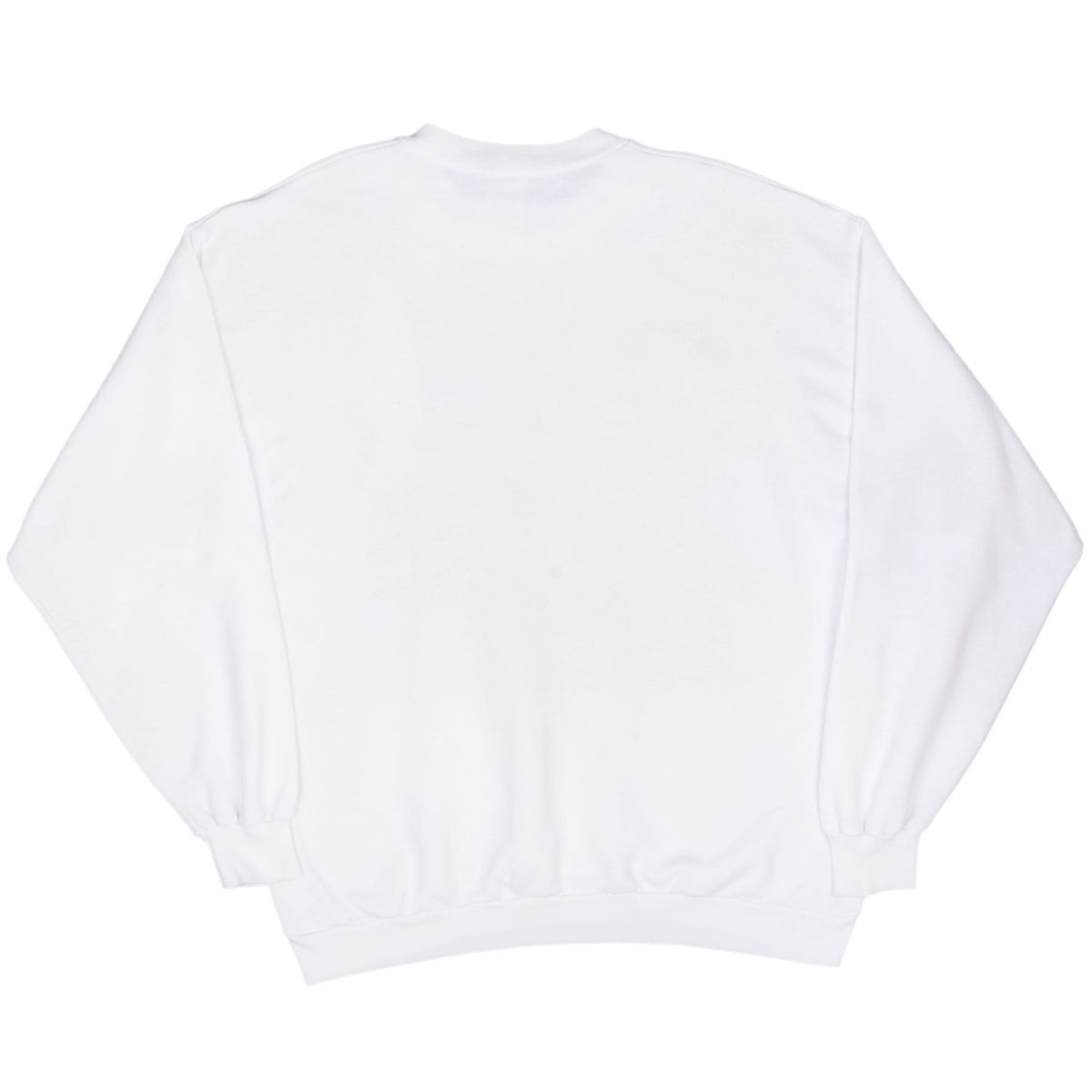 Back of plain white Disney crewneck sweatshirt with ribbed cuffs and hem