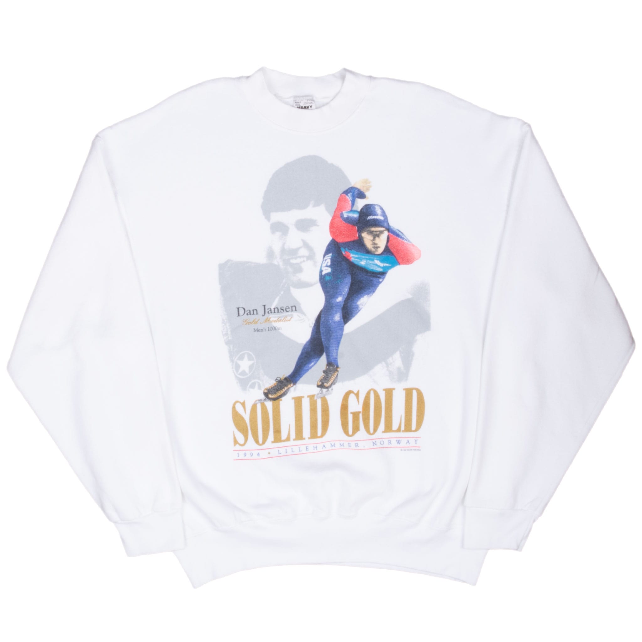 Full front view of white Dan Jansen Winter Olympics Solid Gold crewneck sweatshirt
