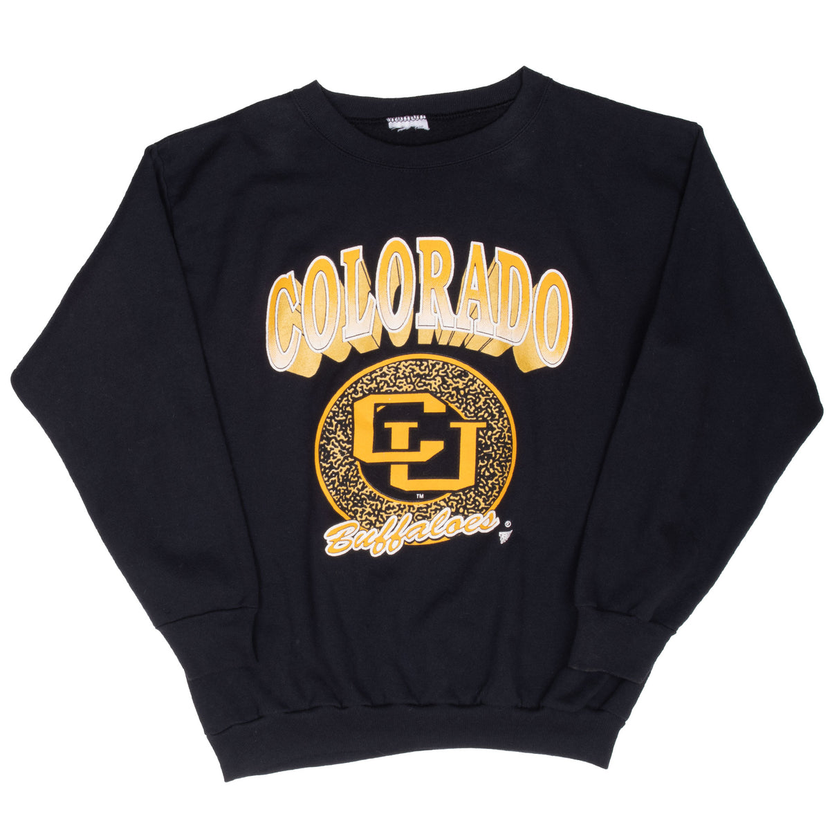 Full front view of black Colorado Golden Buffaloes crewneck sweatshirt