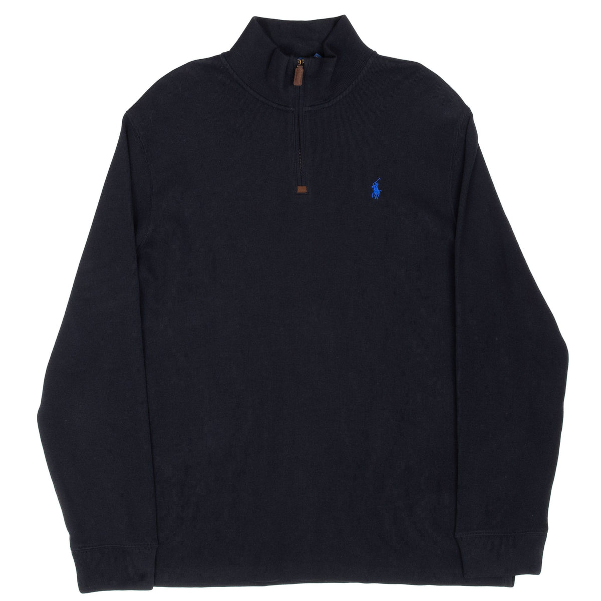 Full front view of black Polo Ralph Lauren quarter-zip sweater with stand collar