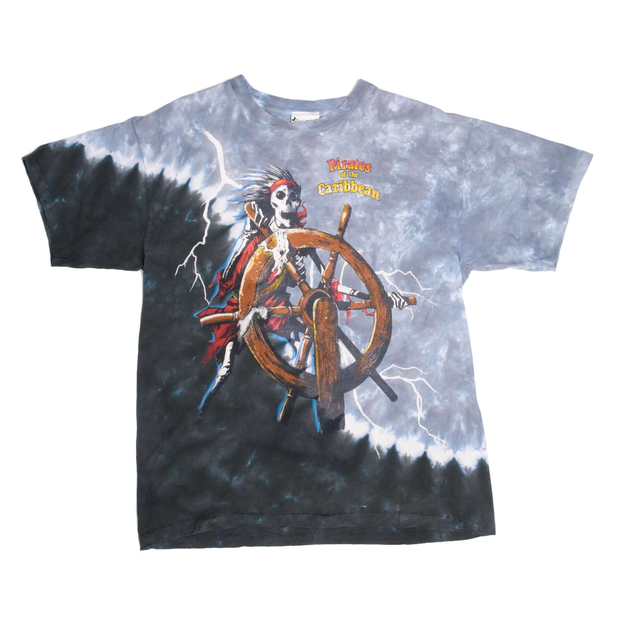 Front of gray and black Disney Pirates of the Caribbean tie-dye T-shirt