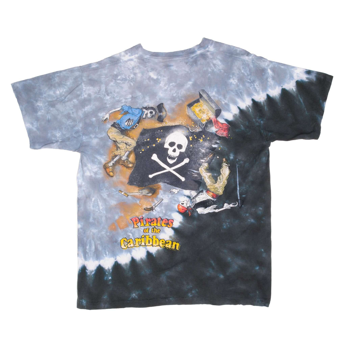 Back of Disney Pirates of the Caribbean tie-dye T-shirt with skull-and-crossbones graphic