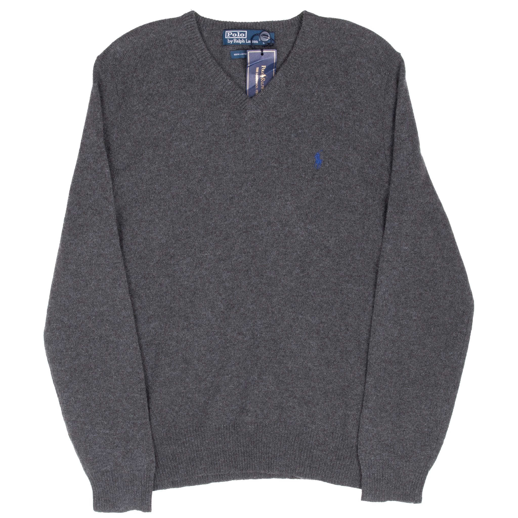 Full front of dark grey Polo Ralph Lauren V-neck sweater with ribbed cuffs and hem