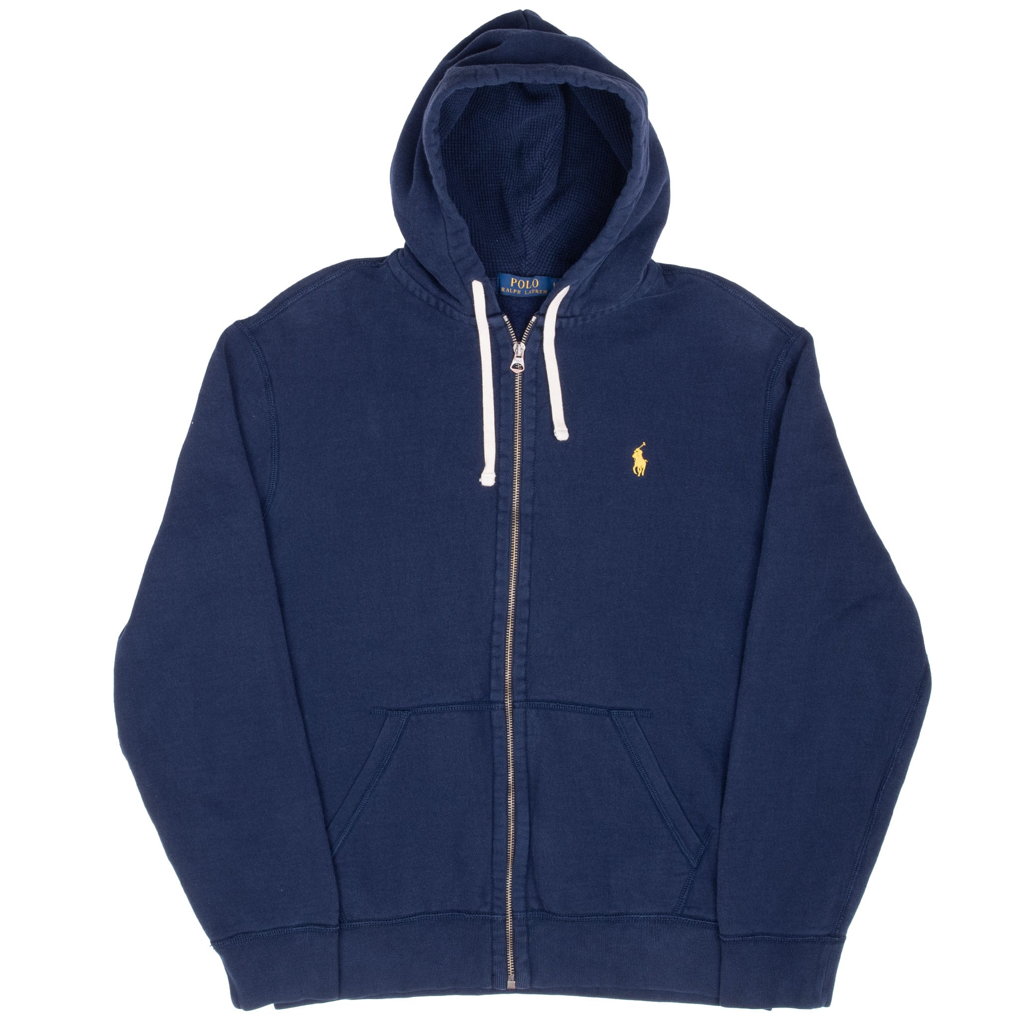 Full front view of navy Ralph Lauren zip hoodie with split kangaroo pockets