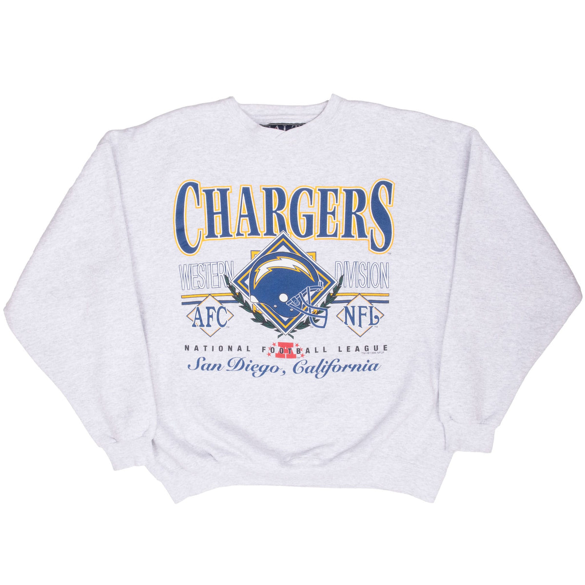 Full front view of light gray San Diego Chargers crewneck sweatshirt