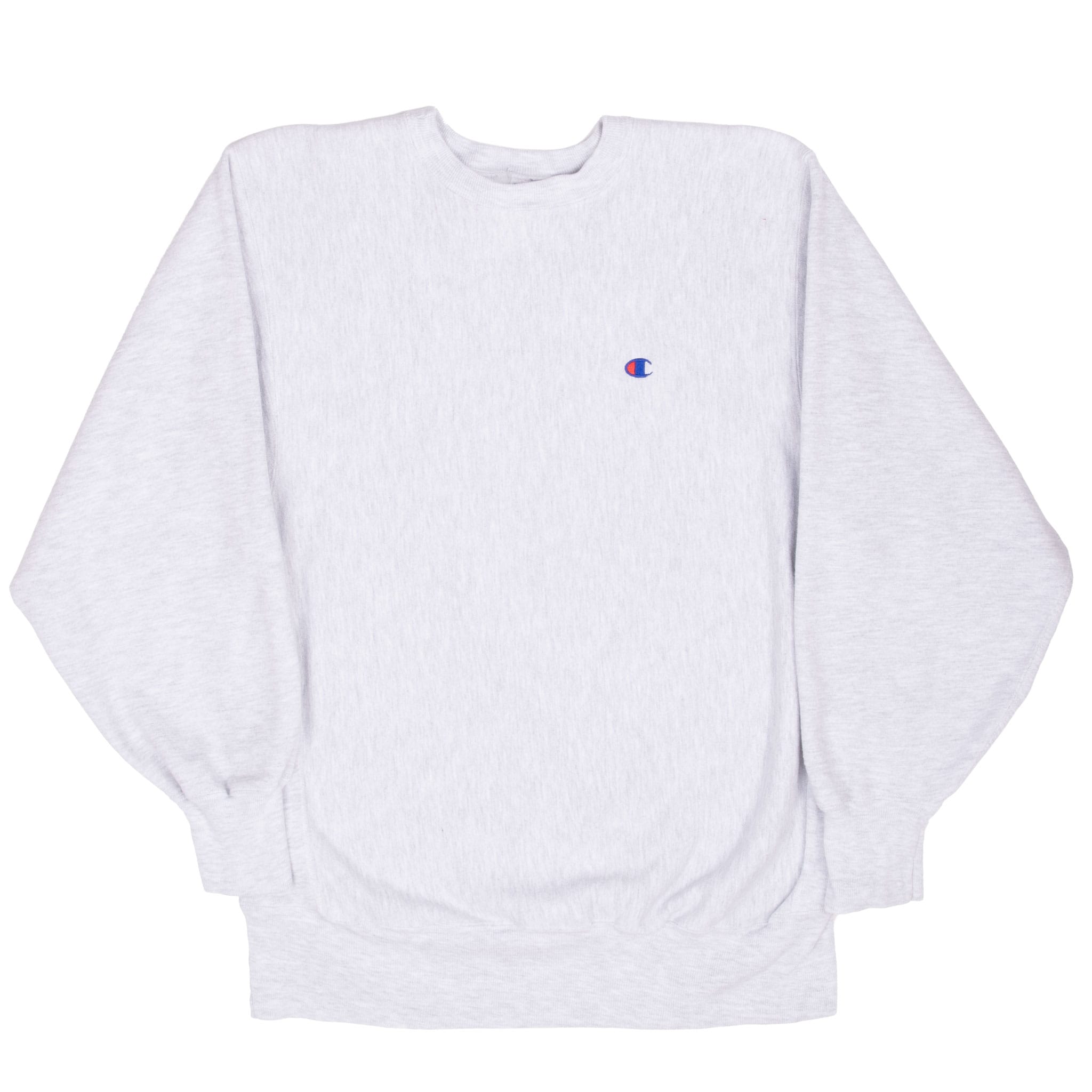 Full front view of grey Champion Reverse Weave crewneck sweatshirt with ribbed waistband