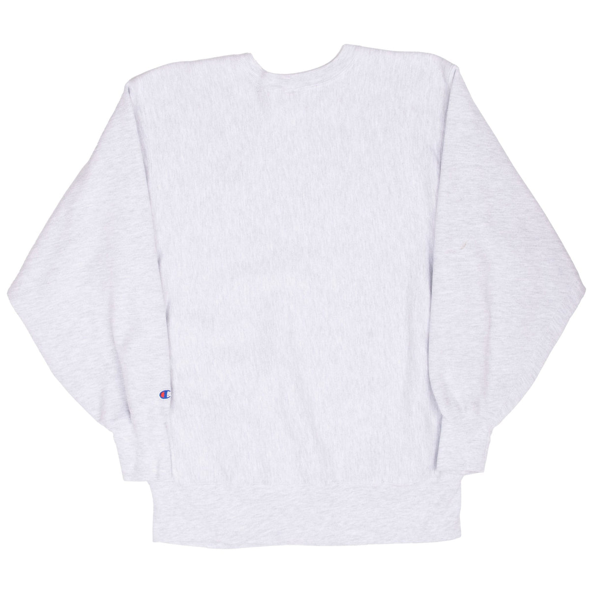 Back view of grey Champion Reverse Weave crewneck with embroidered sleeve logo