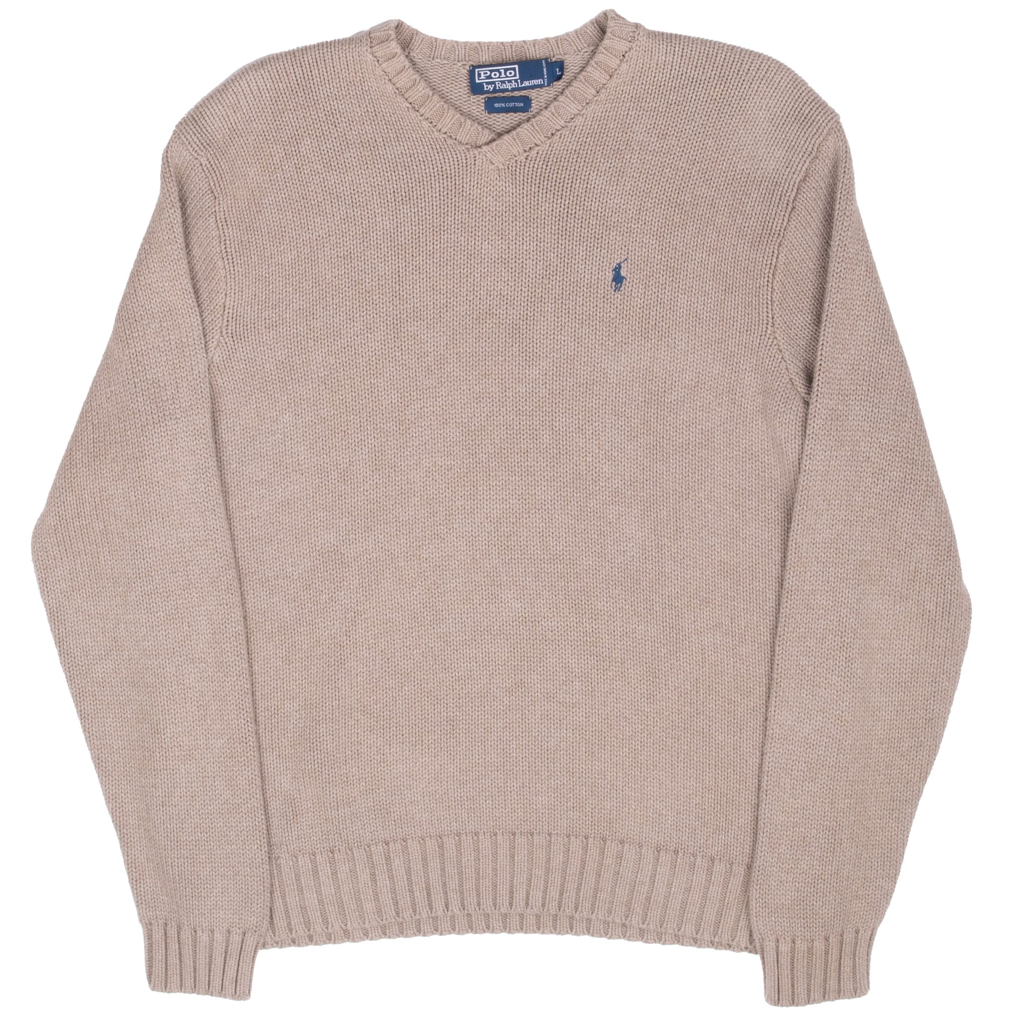 Full front of beige Polo Ralph Lauren knit V-neck sweater with ribbed cuffs and hem