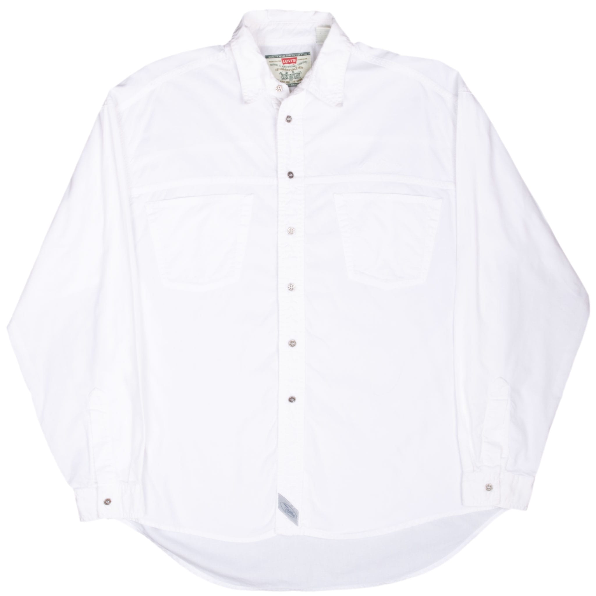 Full front of white Levi's long-sleeve shirt with curved shirttail hem