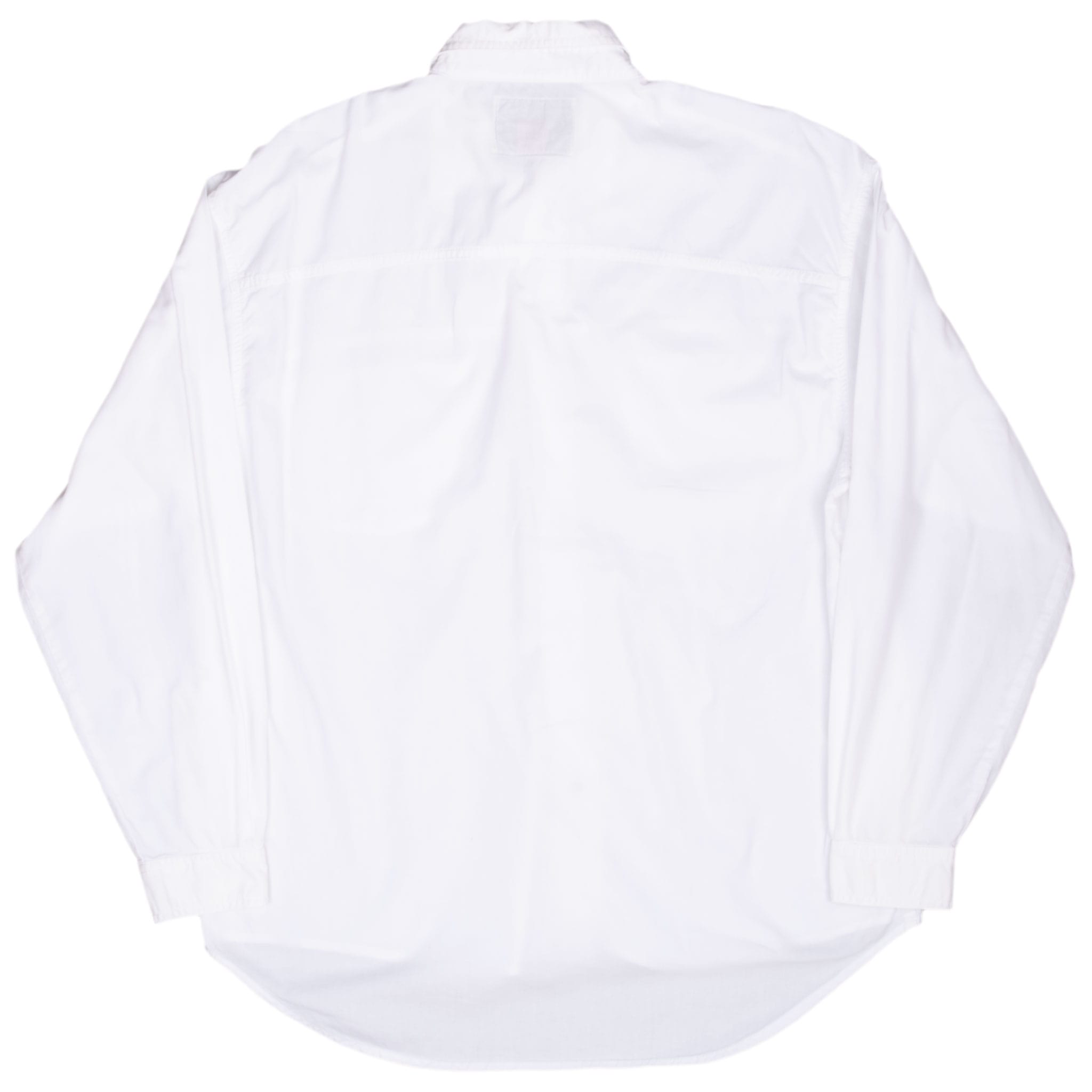 Back of white Levi's long-sleeve shirt with horizontal yoke seam and curved hem