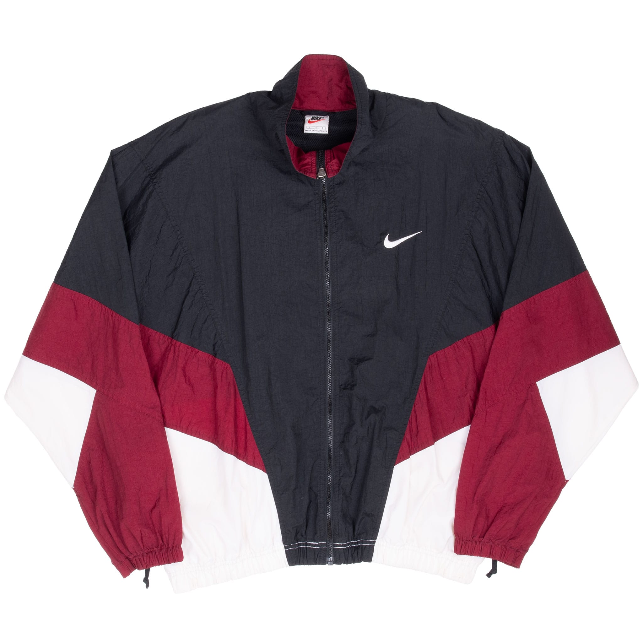 Full front of black, burgundy and white Nike windbreaker with zip closure and chest Swoosh