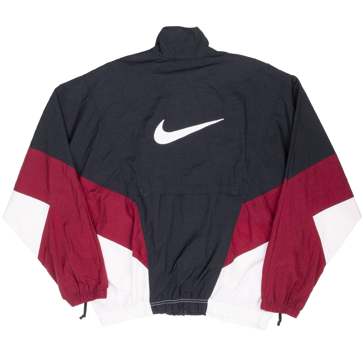 Back of black, burgundy and white Nike windbreaker with oversized white Swoosh