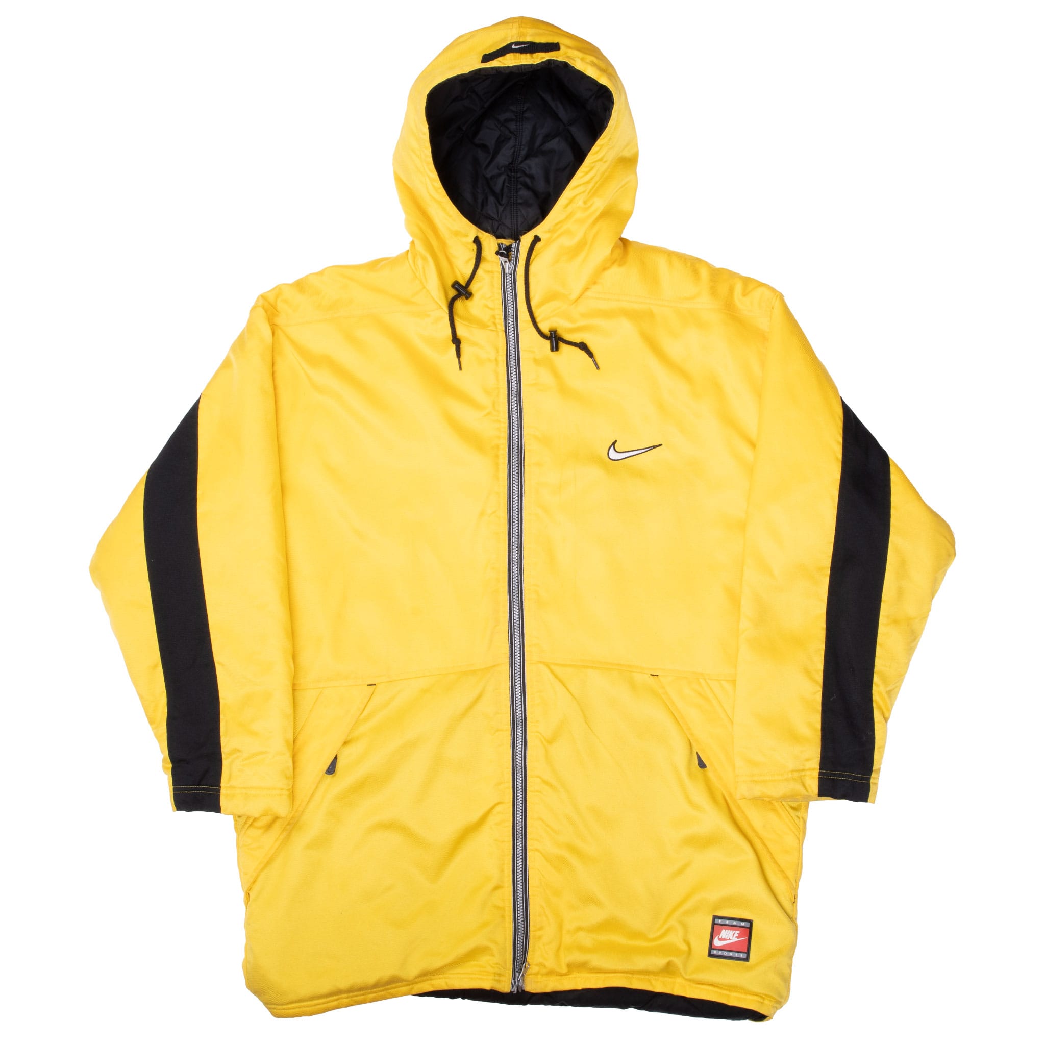 Full front view of yellow Nike rain jacket with drawcord hood, black sleeve panels and zip closure