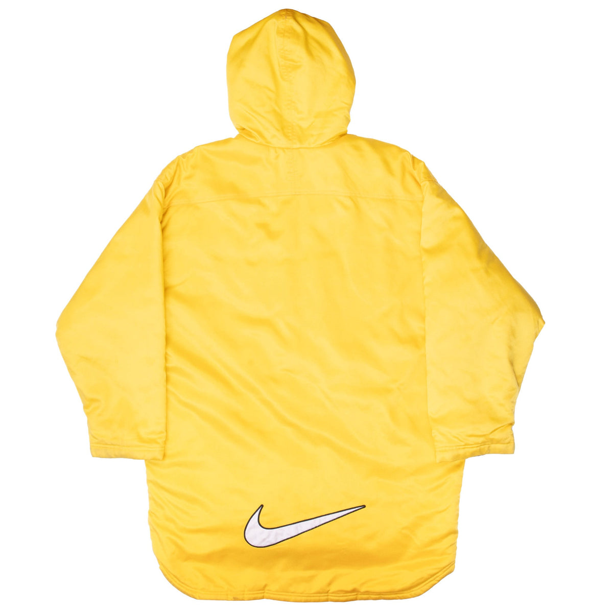 Back of yellow Nike hooded rain jacket with large white Swoosh applique near the lower hem