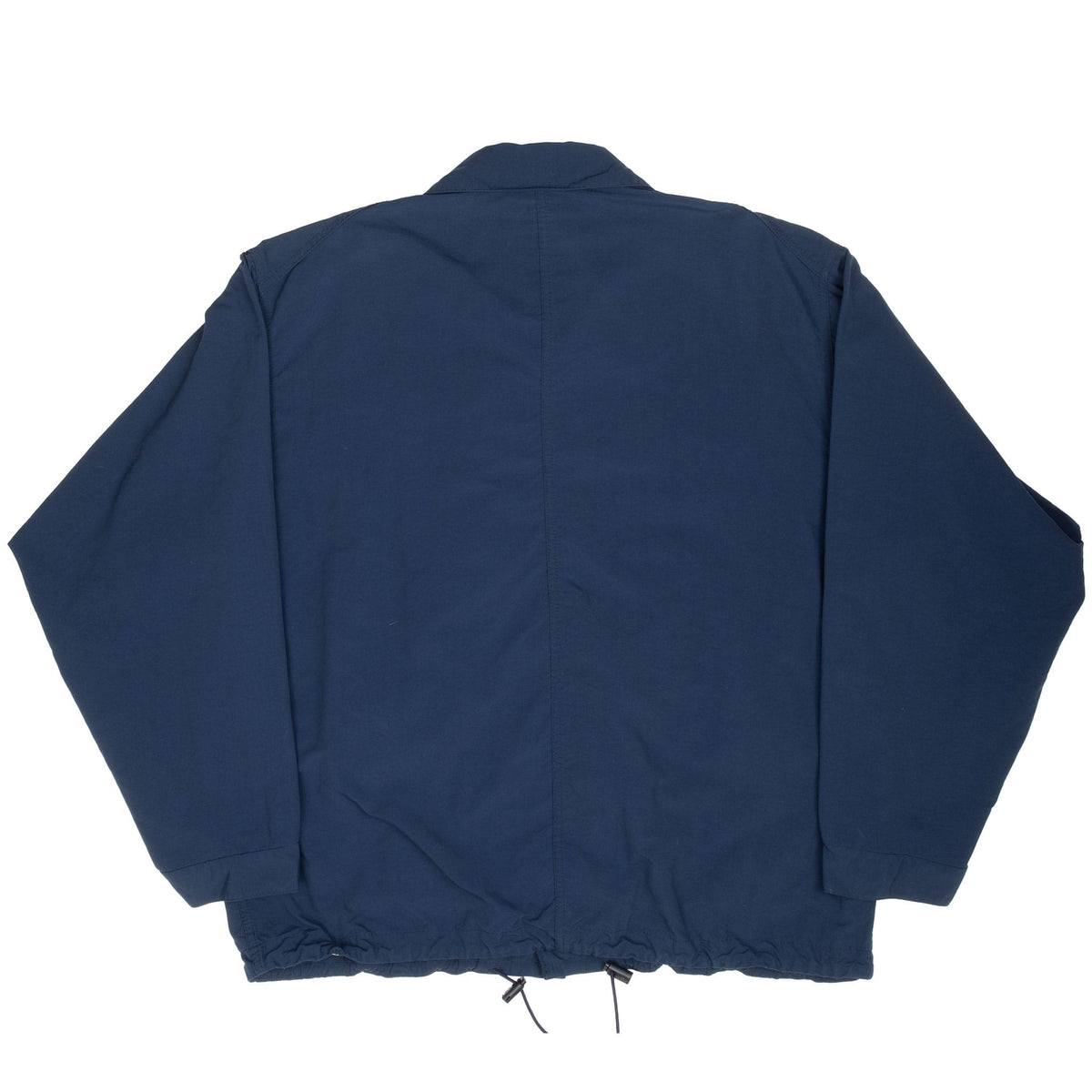 Back view of blue Patagonia windbreaker with pointed collar and drawcord hem