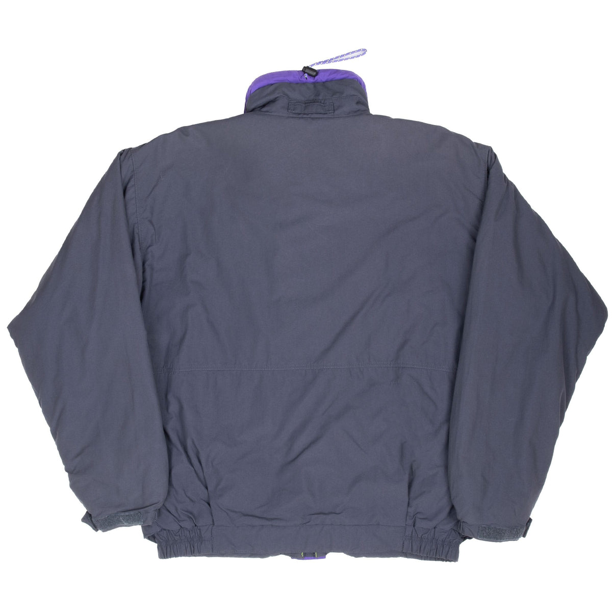 Back view of dark grey Patagonia Alpine jacket with purple stand collar