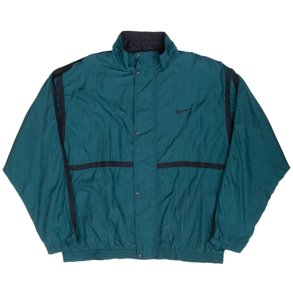Full front view of green Nike windbreaker with black trim and angled hand pockets