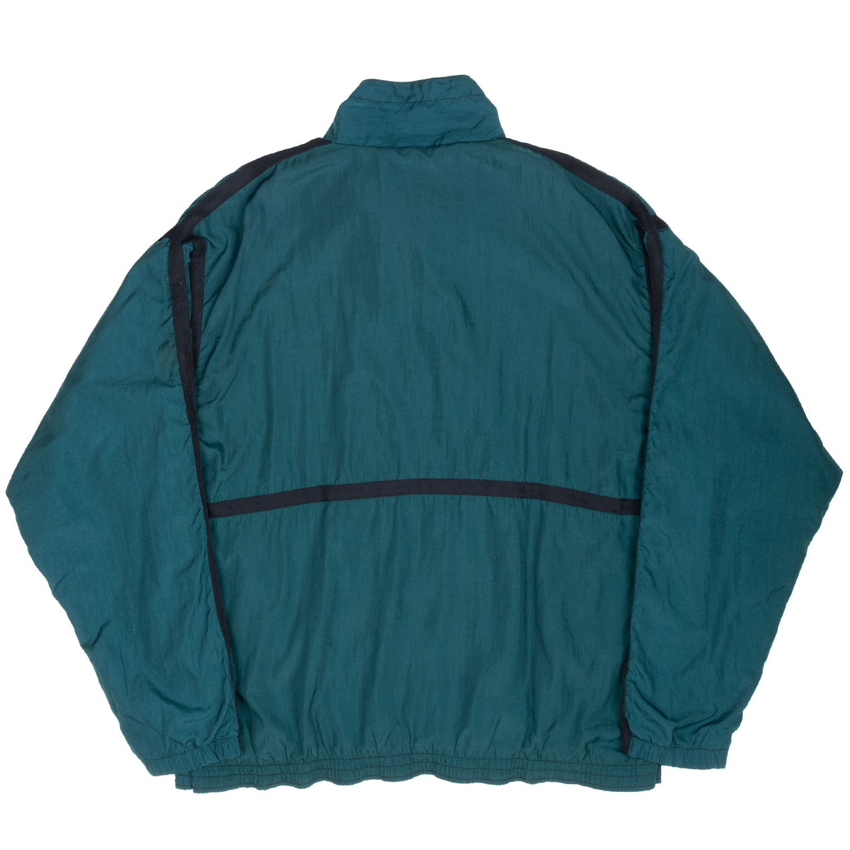 Back of green Nike windbreaker with black shoulder and horizontal trim