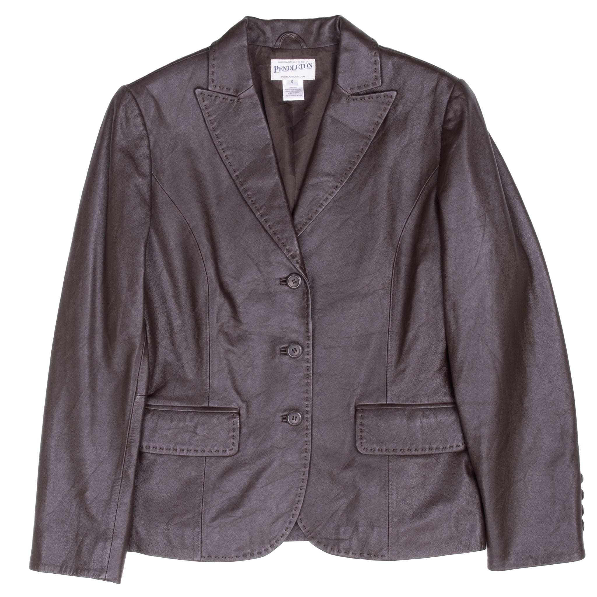 Full front of Pendleton brown leather blazer with flap pockets and decorative stitching