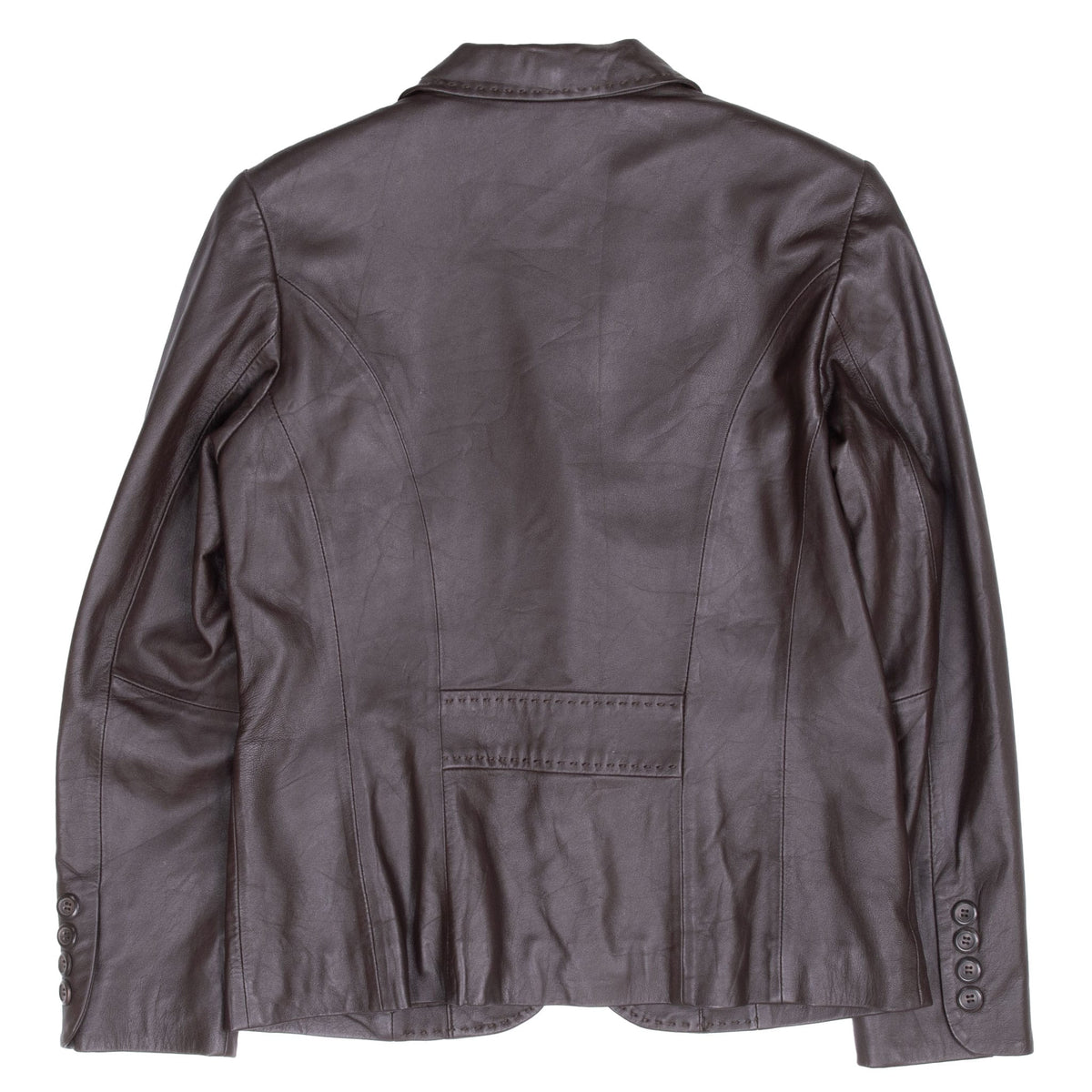 Back of Pendleton brown leather blazer showing curved panel seams and center detail