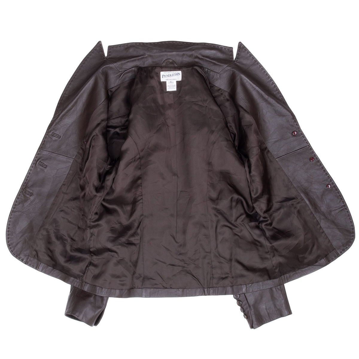 Open Pendleton brown leather blazer showing full brown interior lining