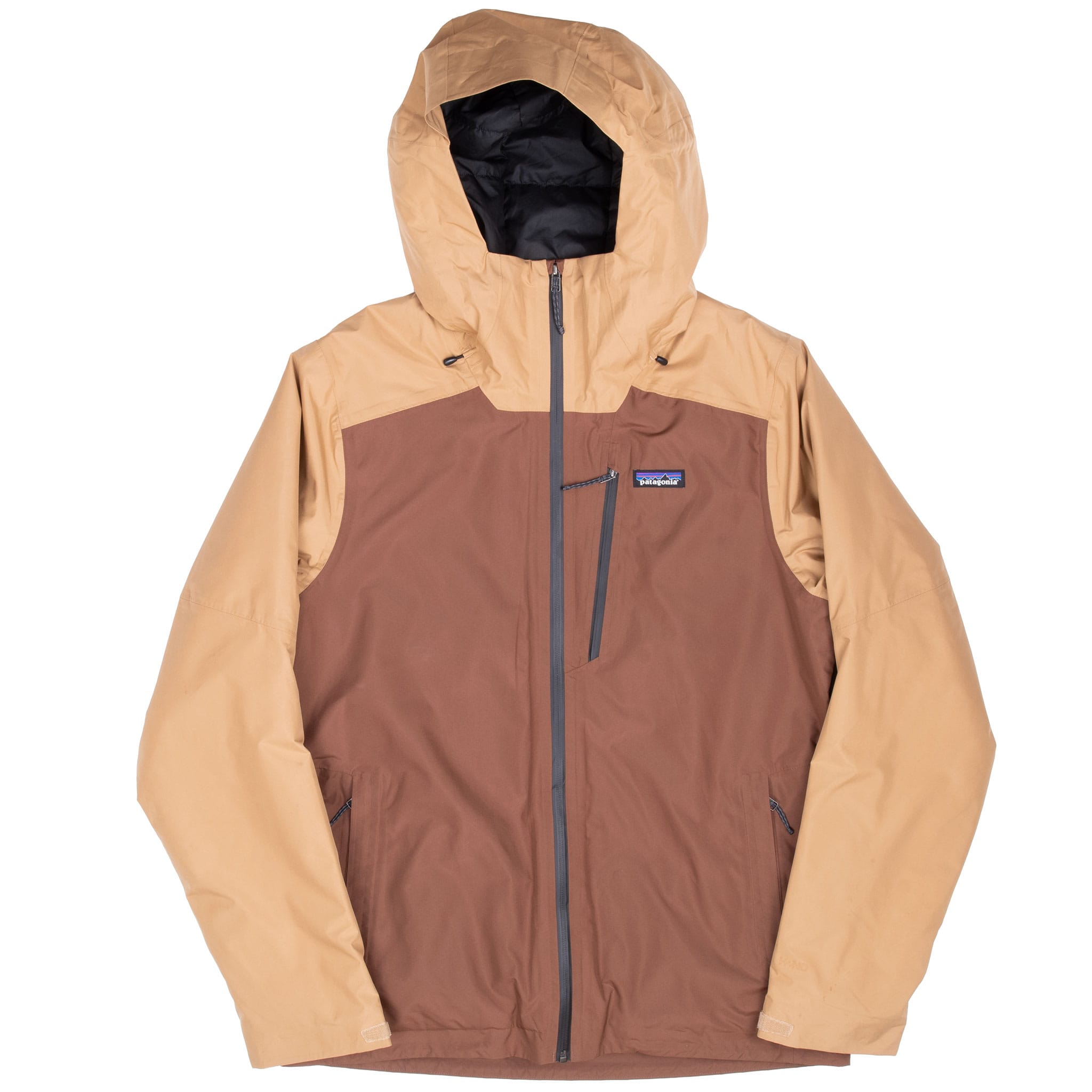 Full front view of brown and tan Patagonia Powder Town jacket with zippered pockets