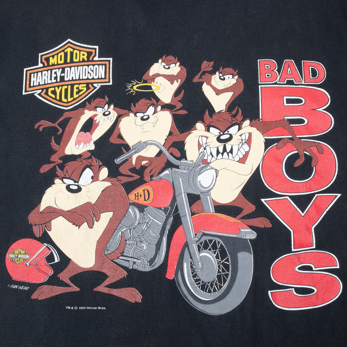Harley-Davidson Bad Boys graphic with Looney Tunes Taz characters and motorcycle