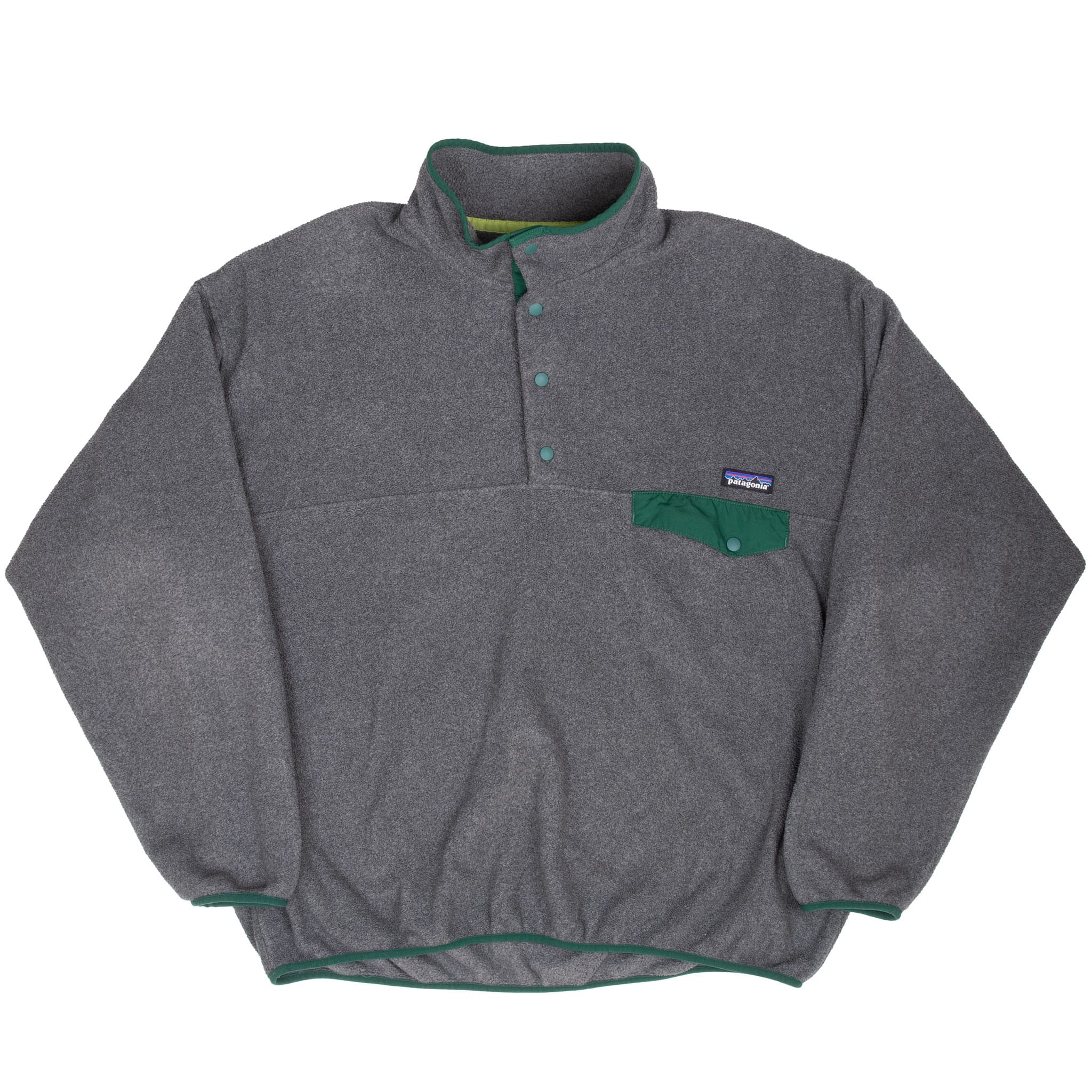 Front of Patagonia Snap-T dark grey fleece pullover with green trim and chest pocket