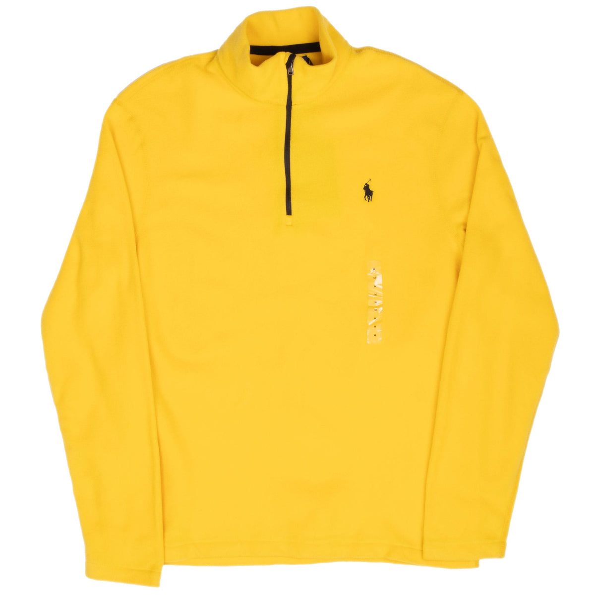 Full front view of yellow Polo Ralph Lauren quarter-zip fleece jacket with attached tags