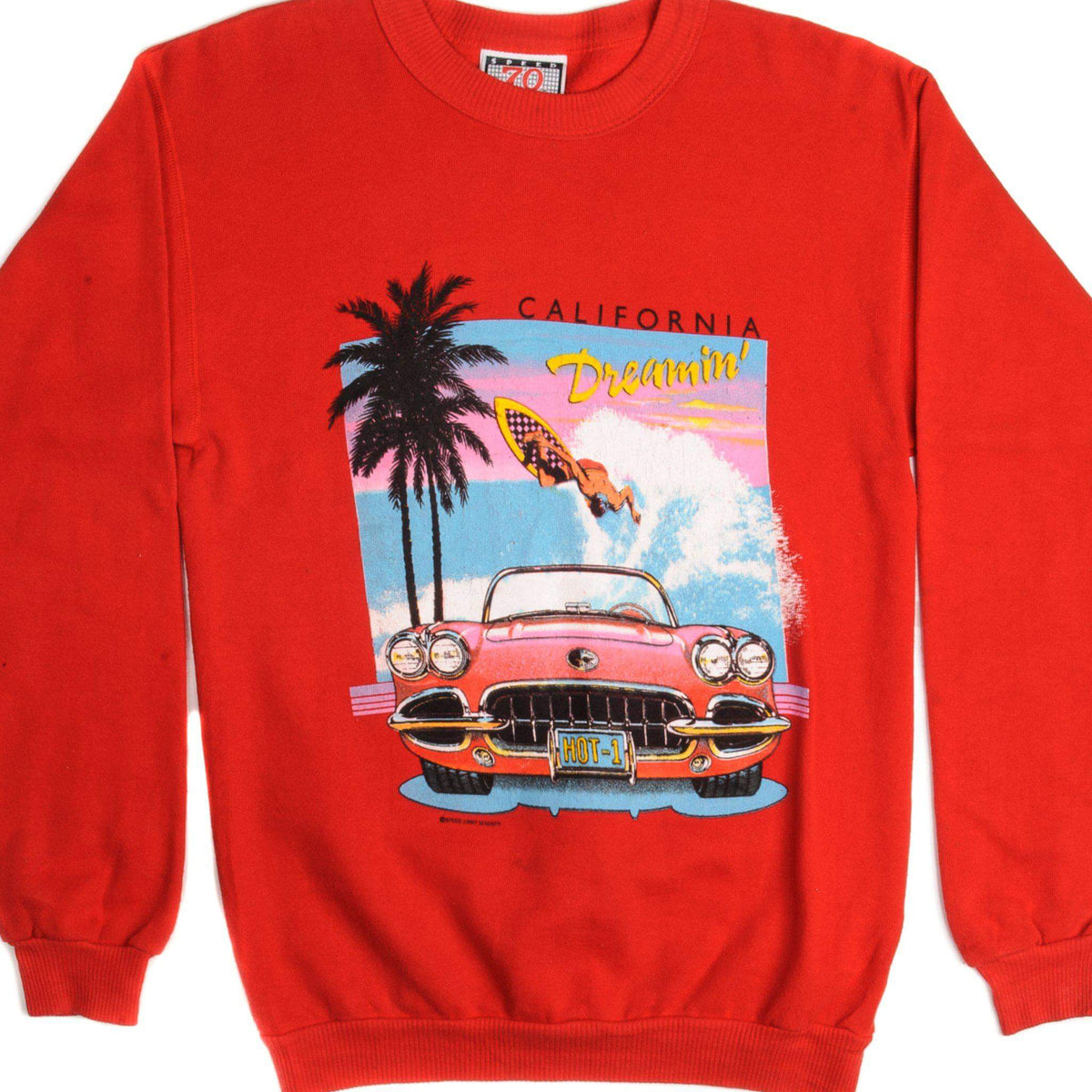 Red Speed Limit 70 sweatshirt front with California Dreamin' car and surfer graphic