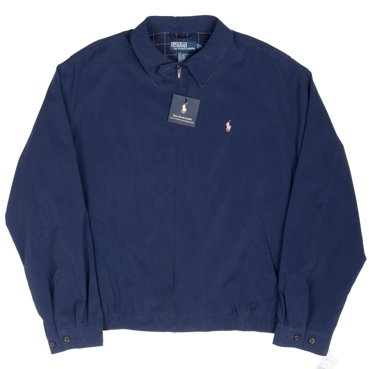 Front view of blue Polo Ralph Lauren Harrington jacket with full zip, angled pockets and buttoned cuffs