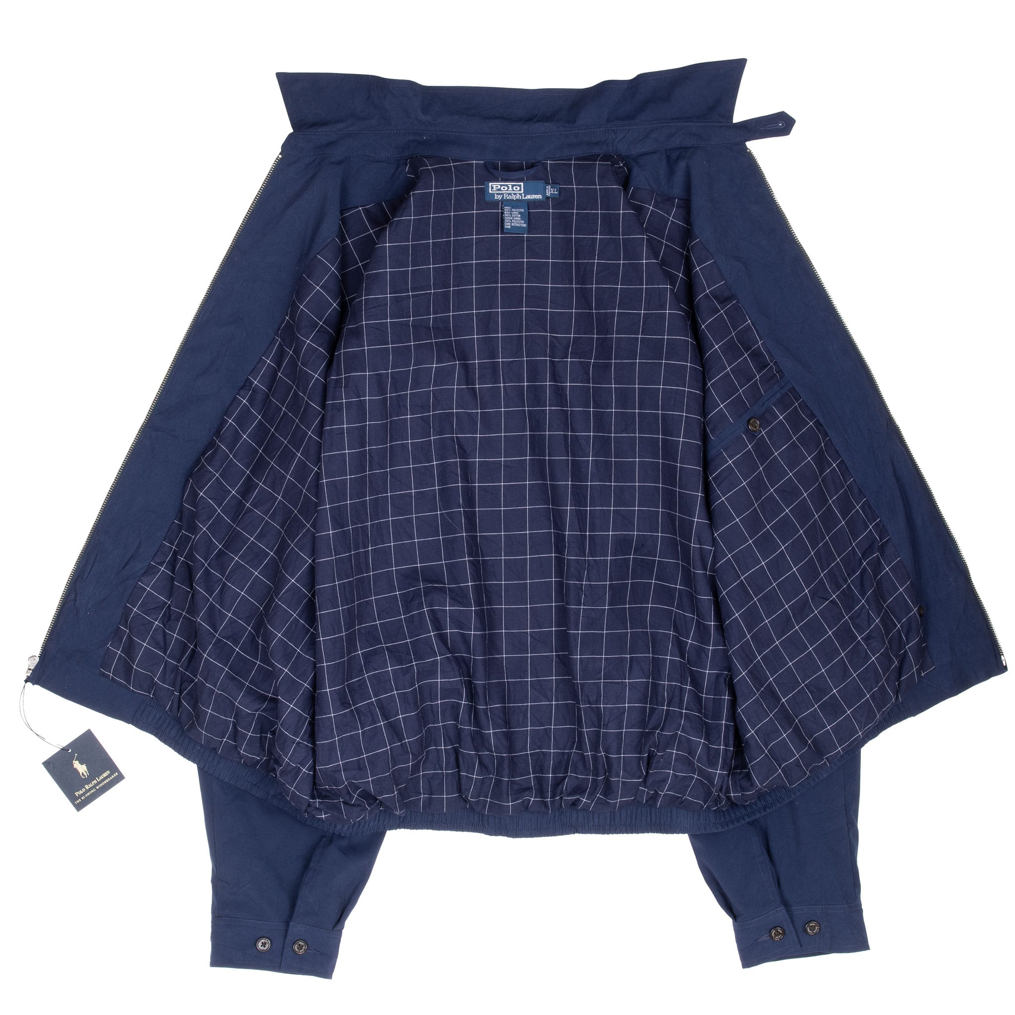 Open blue Polo Ralph Lauren jacket showing navy lining with white windowpane pattern