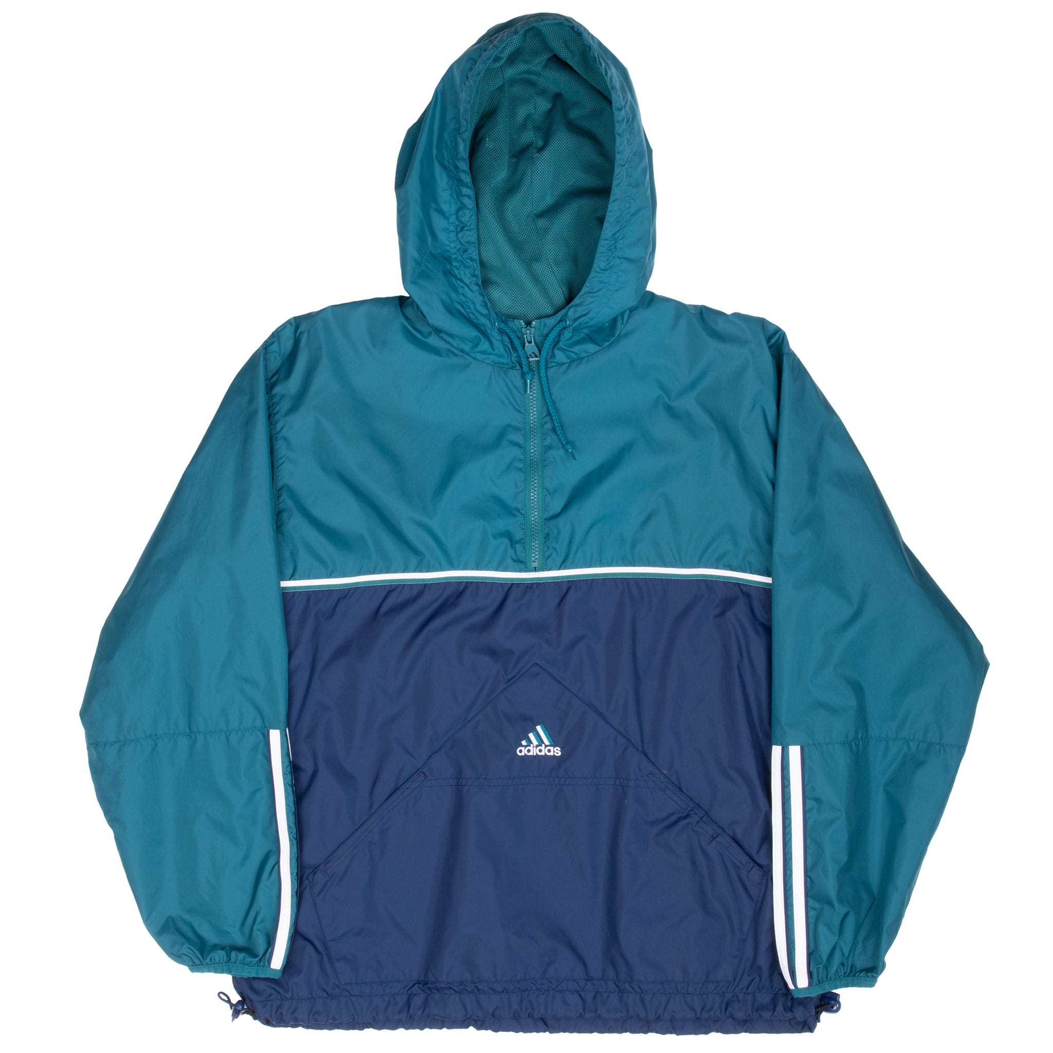 Front of green and navy Adidas pullover windbreaker showing striped trim and drawcord hem