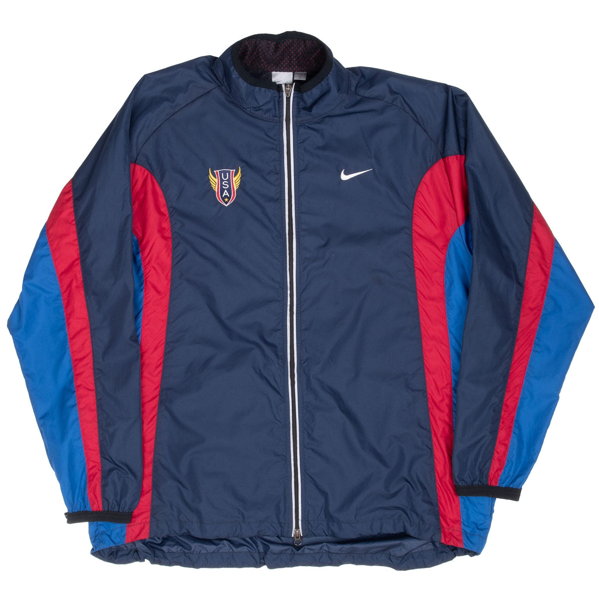 Full front view of blue Nike Team USA zip windbreaker with embroidered chest logos